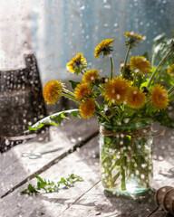 Yellow dandelions in a jar on a table, outside a wet window from the rain