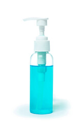 Blue alcohol gel hand sanitizer bottle on white background. selective focus, soft focus.