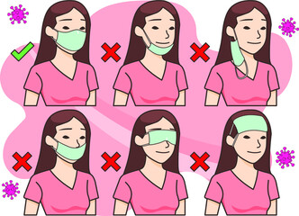 A girl show the correct way to wear the mask for corona virus protection (with outline)