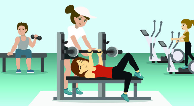 Vector illustration of a girl shakes muscles in the gym. A trainer stands nearby and insures