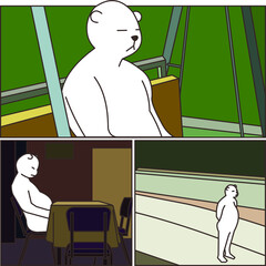 A thinking and confused white bear in garden, dining room and abandon pool