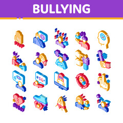 Bullying Aggression Icons Set Vector. Isometric Internet Bullying And Name-calling, Beating And Showing Indecent Gesture Illustrations
