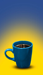 Blue cup of tea on an isolated yellow background.