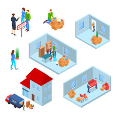 Color Moving New House Concept 3d Isometric View. Vector