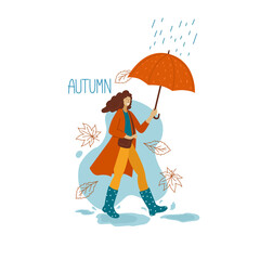 Girl with an umbrella in the rain. Autumn walk. Vector illustration.