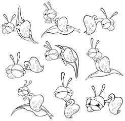 Vector Illustration of a Cute Cartoon Character Snail for you Design and Computer Game. Coloring Book Outline Set 