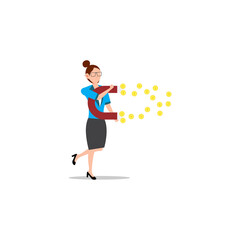 Cartoon character illustration of successful young business woman with a big magnet and attract coin. Flat design isolated on white background.