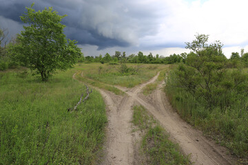 Fototapeta na wymiar fork roads in steppe before thunderstorm