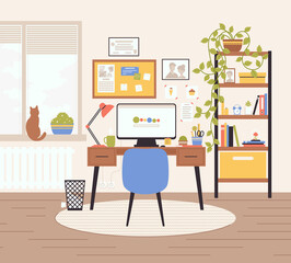Cartoon Color Workplace Room Interior Inside Concept. Vector