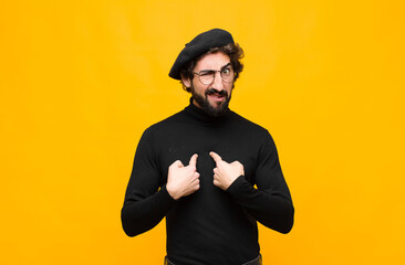 young french artist man pointing to self with a confused and quizzical look, shocked and surprised...