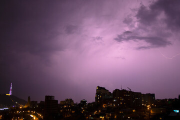 Thunderstorm and city view  of Tbilisi.Building roofs, architecture and history landmarks, must visit place.