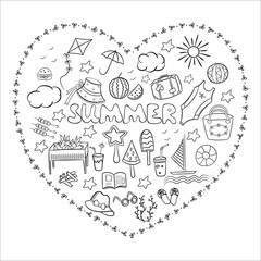 A big set of sketches for summer holidays and vacations in nature. Vector isolated elements in Doodle style on a white background. Design for travel and outdoor relax, for privacy and isolation.