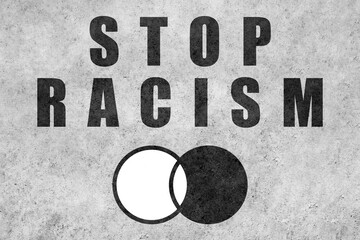 Stop racism. Design with a black and white circle united with a powerful anti-racism message.