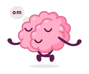 Relaxed Pink Brain Meditating, Funny Human Nervous System Organ Cartoon Character Vector Illustration on White Background