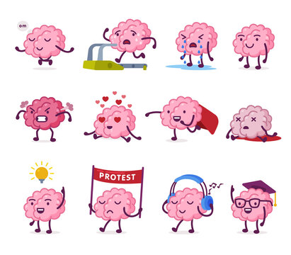 Pink Humanized Brain with Various Emotions Set, Funny Human Nervous System Organ Cartoon Character in Different Situations Vector Illustration on White Background