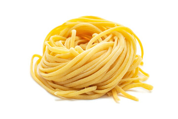 Fresh raw egg spaghetti pasta isolated on white background - obrazy, fototapety, plakaty