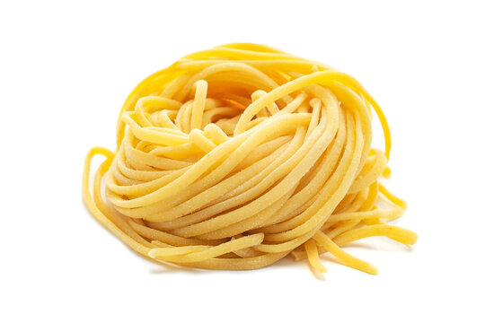 Fresh raw egg spaghetti pasta isolated on white background