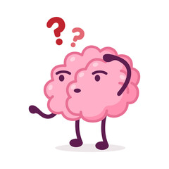 Pink Brain, Funny Human Nervous System Organ Cartoon Character Thinking with Question Mark Vector Illustration on White Background