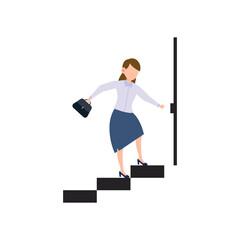 Cartoon character illustration of successful young business woman moving up the steps to the goal. Flat design isolated on white background.