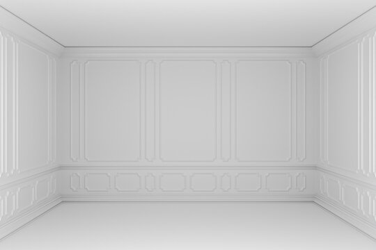 Simple white empty room with molding frames in classic style