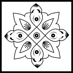 Black and white Rangoli design concept of floral line art with eyes isolated on white background