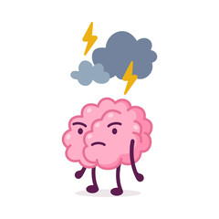 Stressed Pink Brain with Cloud and Lightning over its Head, Funny Human Nervous System Organ Cartoon Character Vector Illustration on White Background