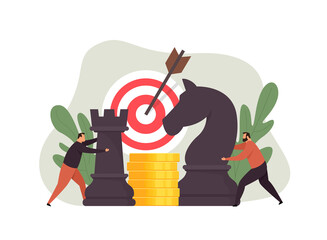 Business strategy concept. Target achievement. Investment. Two businessmen moving chess pieces. Business metaphor. Vector illustration isolated on white background.