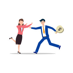 Fototapeta na wymiar Cartoon character illustration of successful young business couple who feeling happy. They are meet and bringing a bag with full of money. Flat design isolated on white background.