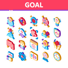 Goal Target Purpose Icons Set Vector. Isometric Goal Aim On Planet And Lightbulb, Atom And Flag, Calendar And Medal Award Illustrations