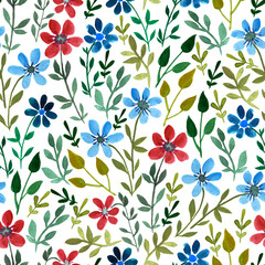 Watercolor seamless floral background with flowers and leaves in retro style. Hand drawing vitage pattern