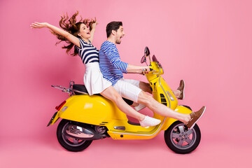 Profile side view portrait of his he her she nice attractive lovely crazy couple riding moped...