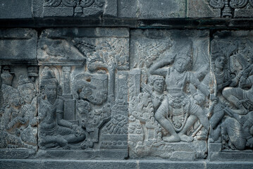 Yogyakarta Indonesia, June 01 2020 : Prambanan temple is a Hindu temple compound included in world heritage list in the night. Monumental ancient architecture, carved stone walls.