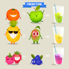 A set of cute fruit. Illustration with funny characters. Love and hearts. Time to fresh. 