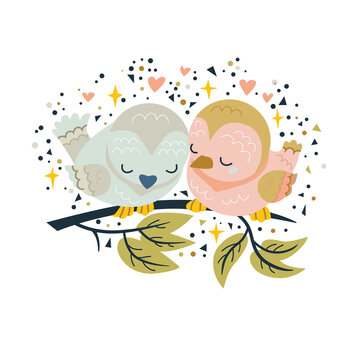 Vector cartoon couple of birds in love on a branch. Flat style. Excellent for the design of postcards, posters, stickers and so on.