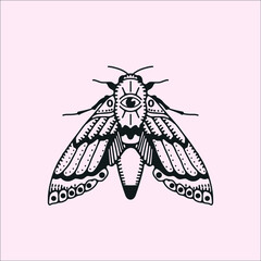 goth moth with an all seeing eye. occult vector tattoo and logo design illustration, isolated insect on a white background. graphic artwork vintage engraving style