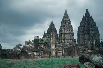 Fototapeta na wymiar Yogyakarta Indonesia June, 08 2020: Prambanan temple is a Hindu temple compound included in world heritage list in the night. Monumental ancient architecture, carved stone walls.