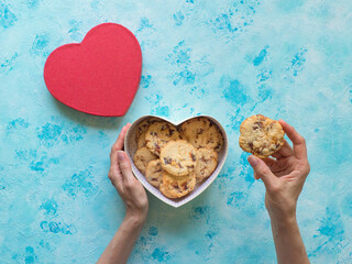 Fresh juicy date cookies in a heart shaped box