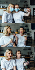Collage of sisters taking selfie with smartphone, drinking wine and watching tv at home