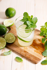 Lemonade or mojito cocktail with fresh lime and mint leaves