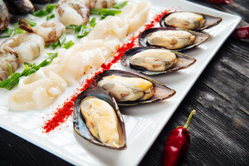 Seafood set mussels shrimp squid rings