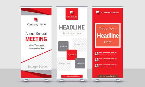 Red Roll up banner design template vector, corporate x-banner, modern vertical X stand banner design.