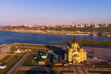 Beautiful view from the top of the Alexander Nevsky Cathedral. Confluence of the Volga and Oka...