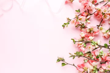 Gordijnen postcard mockup. flower composition. floral frame of pink flowers. flowering branch of azalea. space for text. congratulation. invitation © Palanga