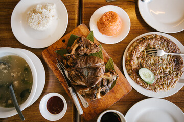 high angle view of filipino food served on table
