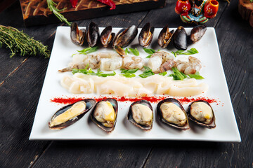 Seafood set mussels shrimp squid rings