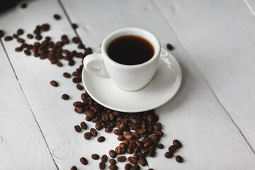 delicious aromatic coffee, in a cup, beans, natural, ground