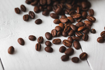 delicious aromatic coffee, in a cup, beans, natural, ground