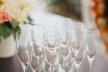 Wedding decor details on the wedding reception. Wineglasses