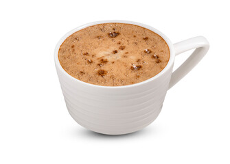 coffee in white cup with black spoon on white background