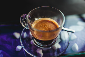 delicious aromatic coffee, in a cup, beans, natural, ground